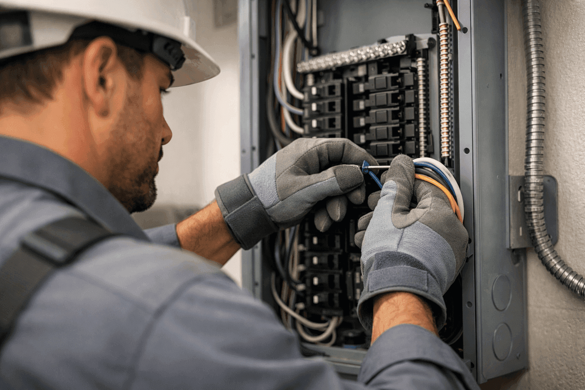 Close-up of electrician’s gloved hands wiring a modern home electrical panel