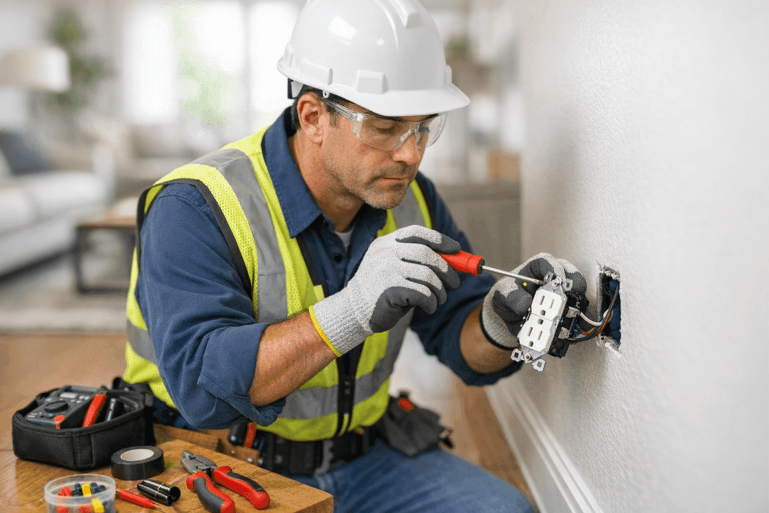 Electrician installing new outlet in living room wall