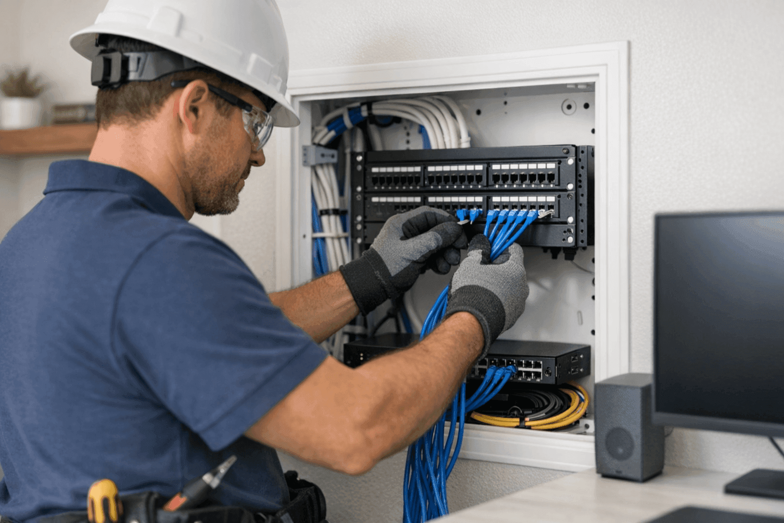 Electrician installing low voltage wiring in home office