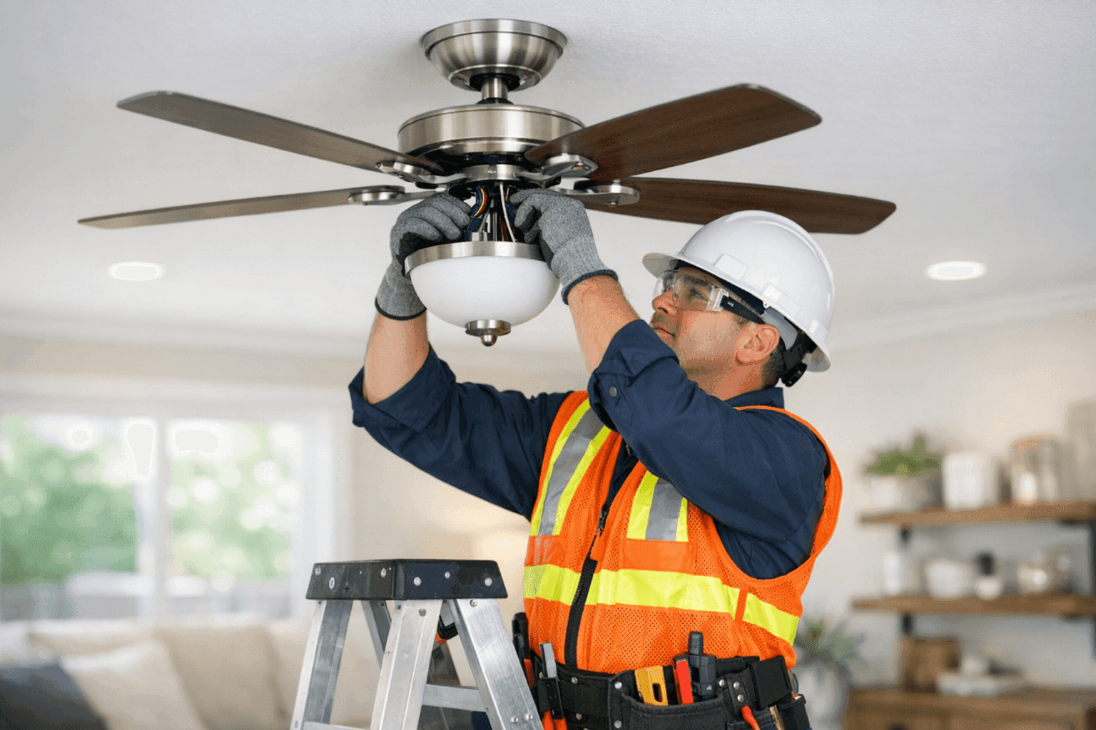 Electrician installing ceiling fan in living room