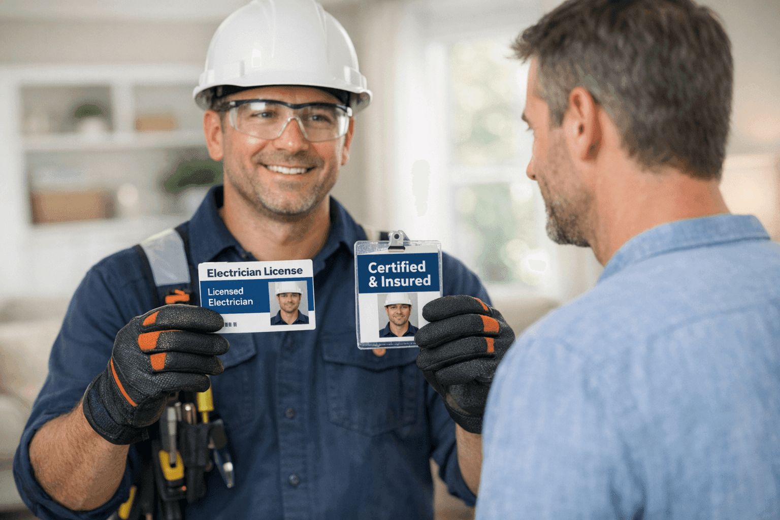 Electrician showing license and credentials to homeowner