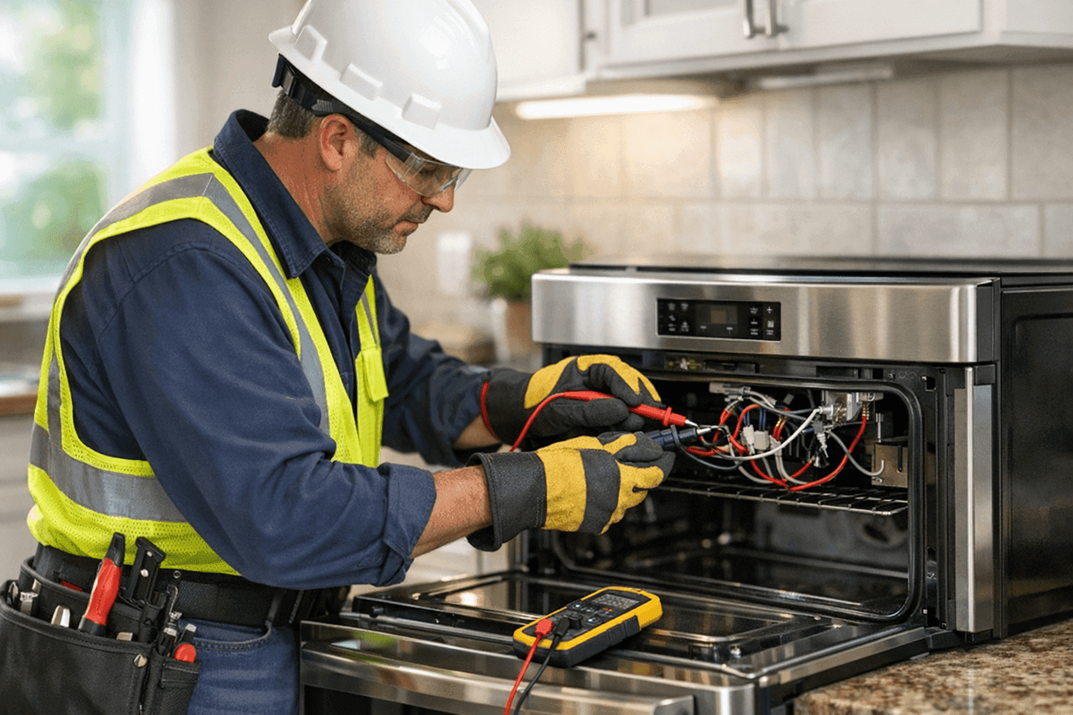 Electrician inspecting kitchen appliance wiring for safety