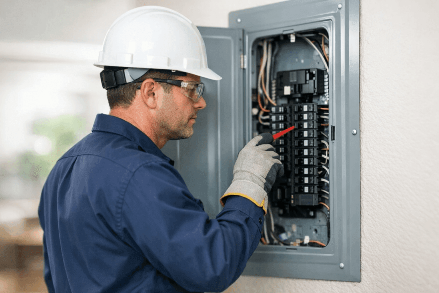 Electrician performing annual maintenance on home electrical panel