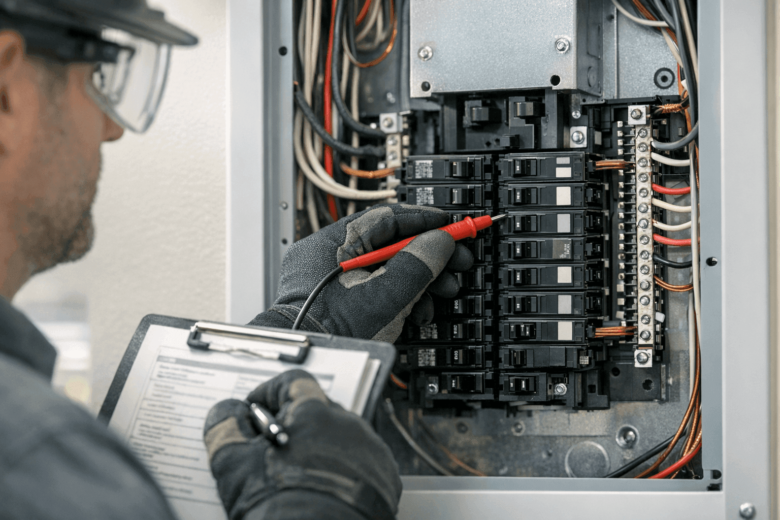 Electrician checking code compliance in home electrical panel