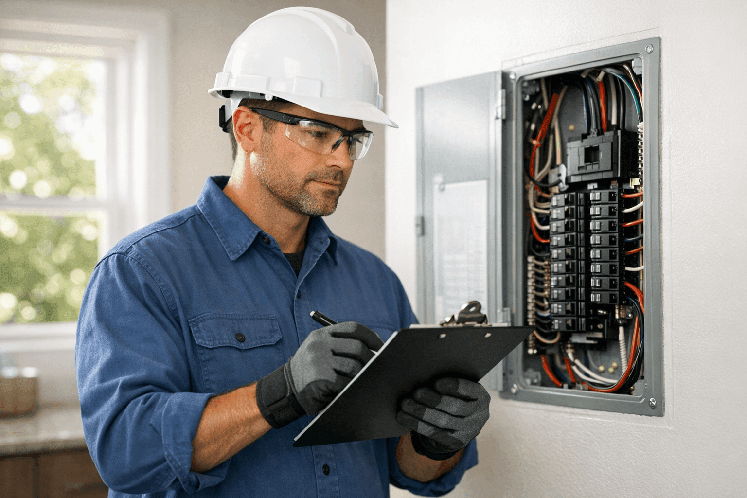 Electrician inspecting home electrical panel with checklist