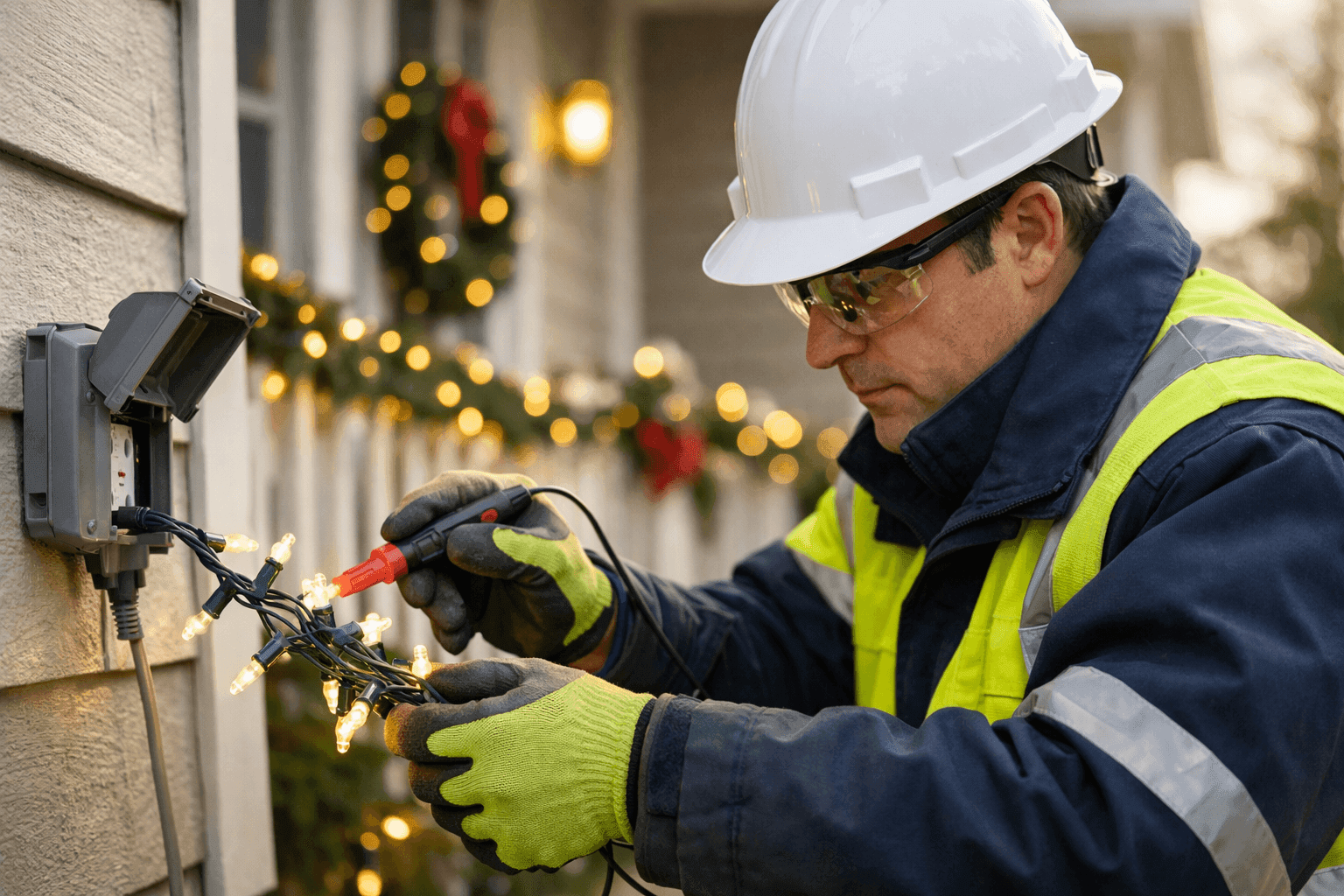 Electrician testing outdoor holiday lights for safety