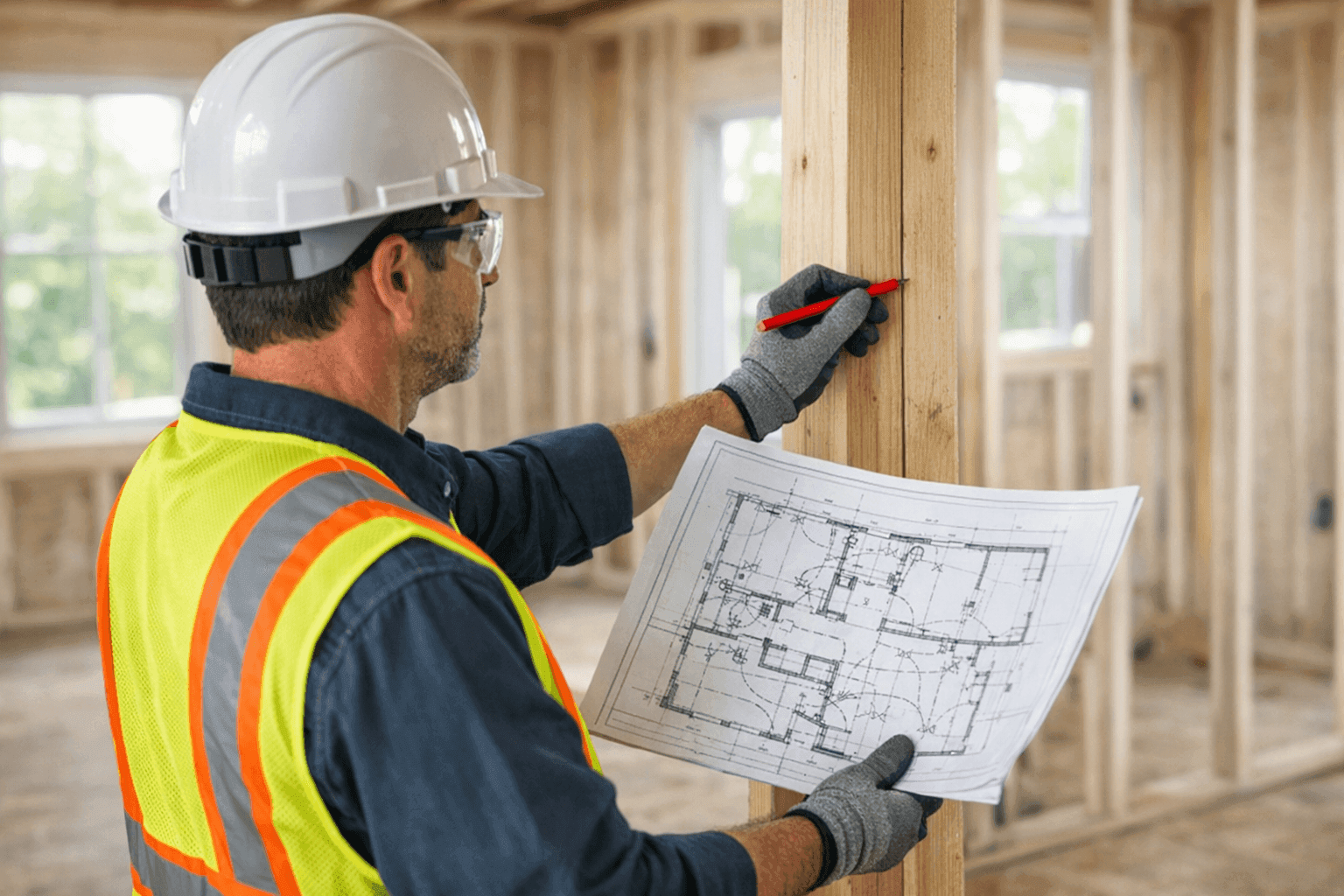 Electrician planning electrical system layout in new home