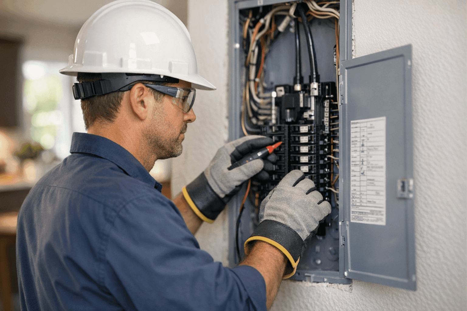 Electrician performing safety inspection in residential electrical panel