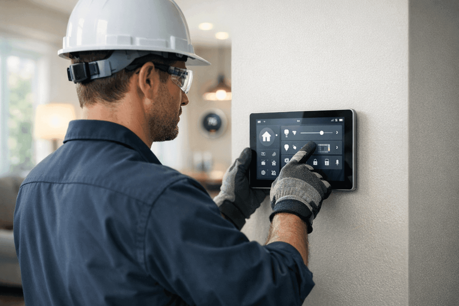 Electrician setting up smart home system on tablet