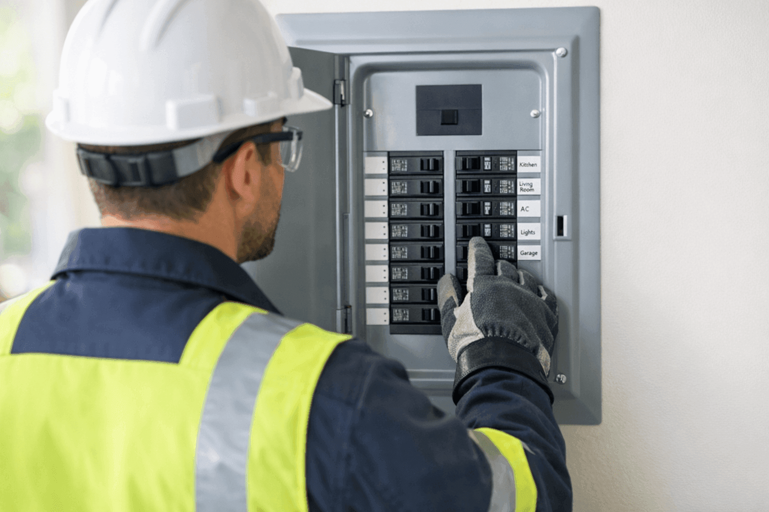 Inspector reviewing electrical panel in residential home
