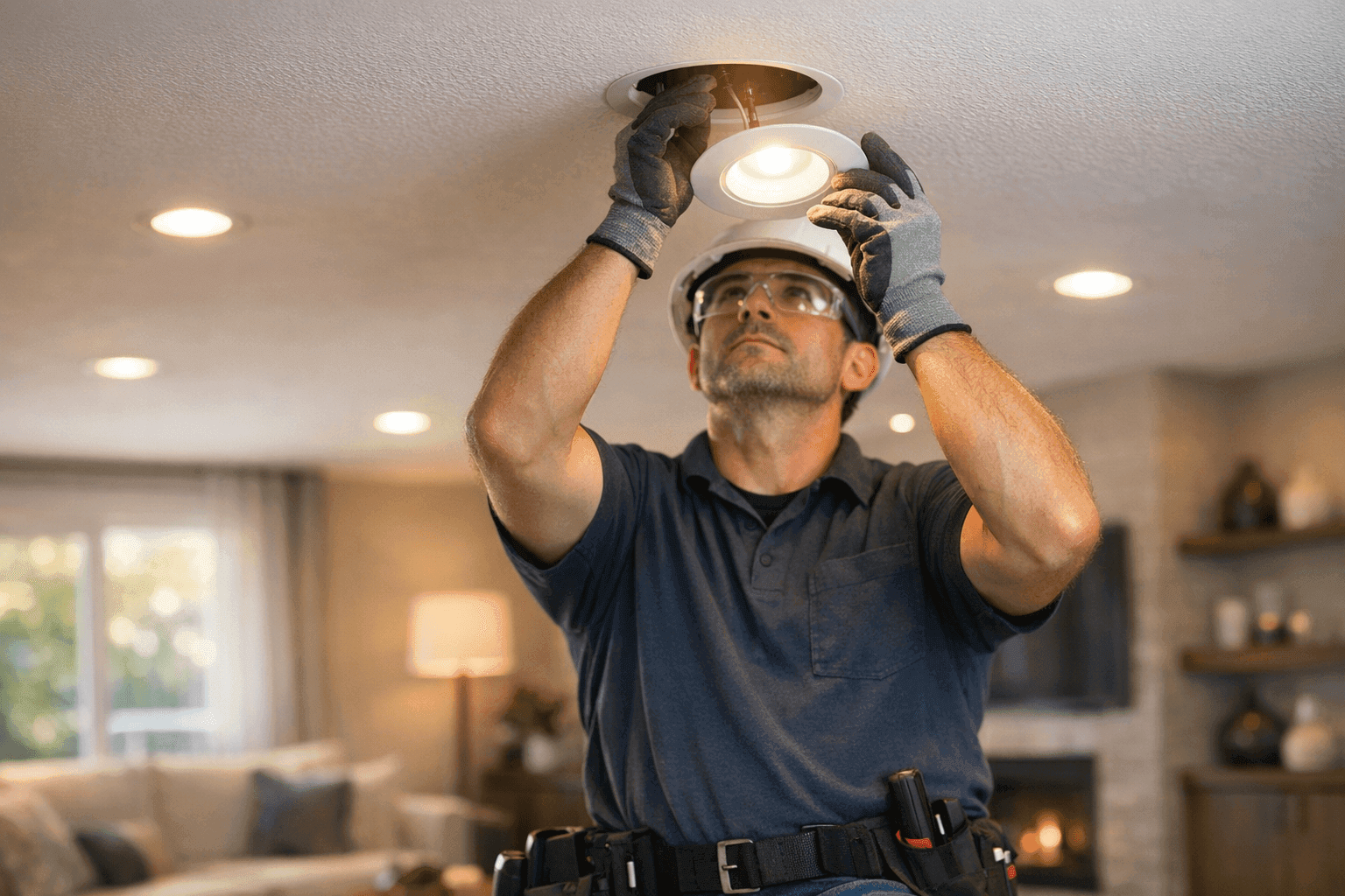 Electrician installing LED lighting in modern living room
