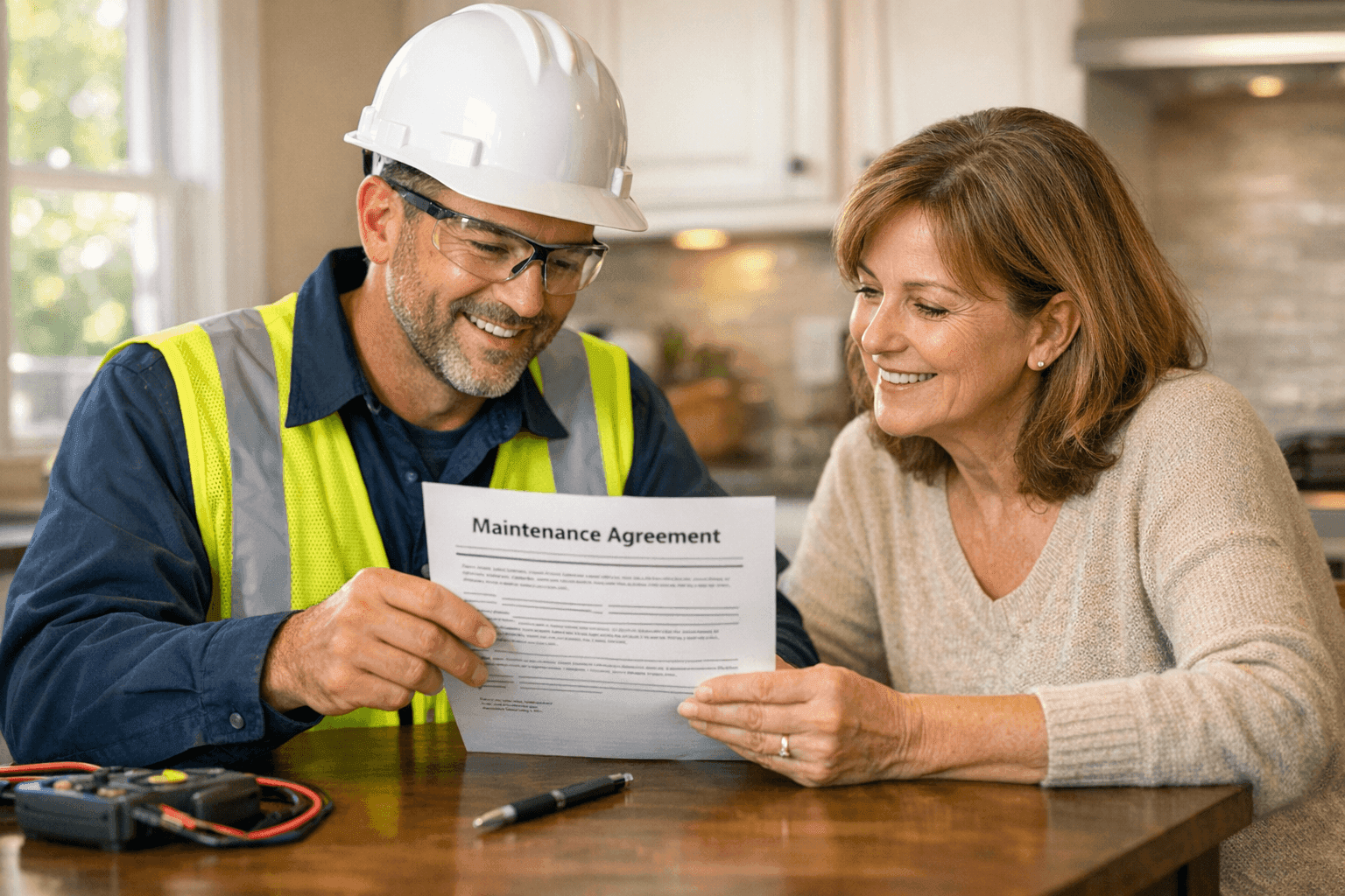 Electrician reviewing maintenance agreement paperwork with homeowner
