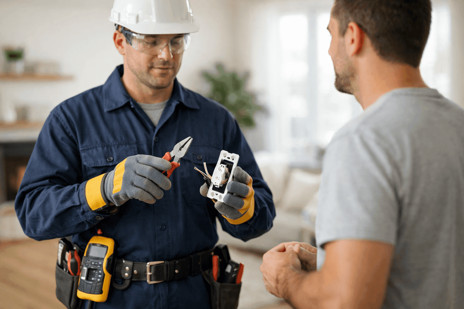 Electrician holding tools and explaining wiring to homeowner