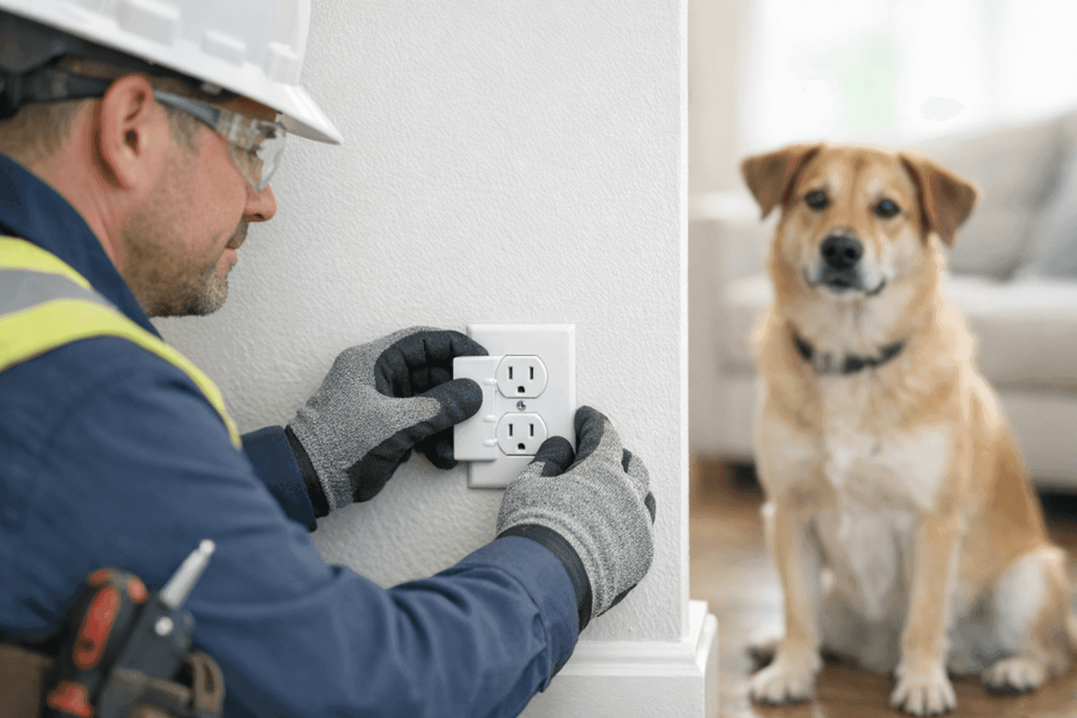 Electrician installing pet-proof outlet covers in living room