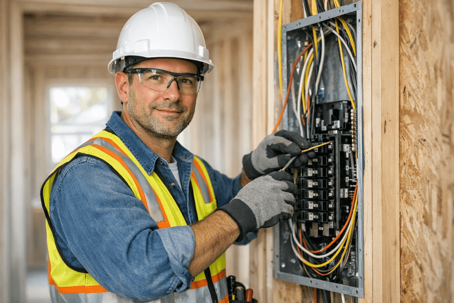 Electrician installing wiring and panel in new home construction