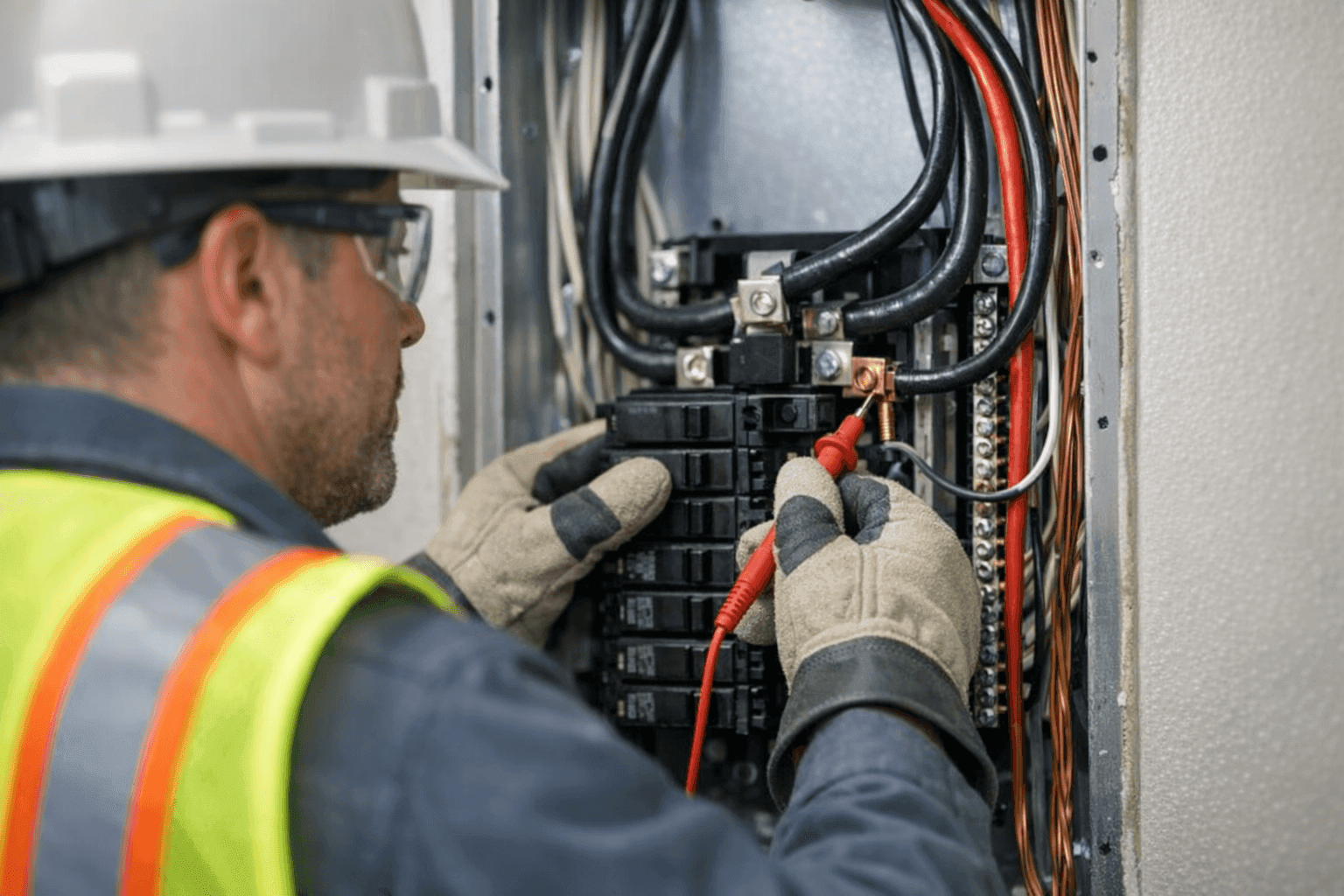 Electrician inspecting high-voltage wiring in home