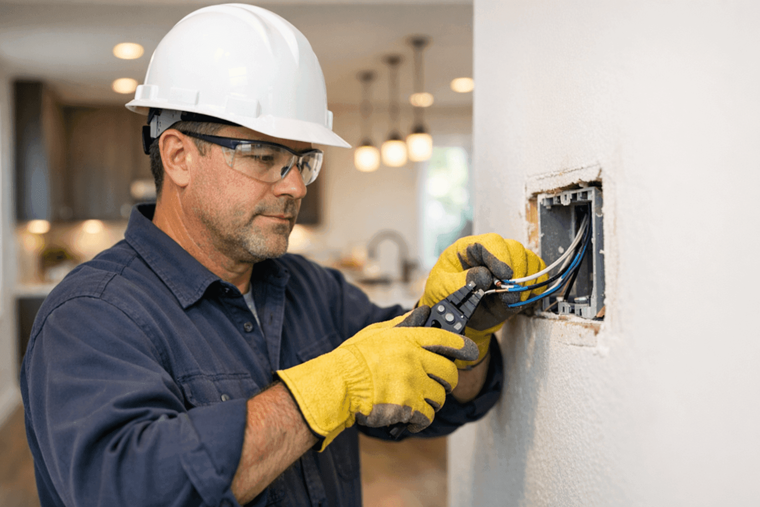 Electrician installing low voltage wiring for home lighting