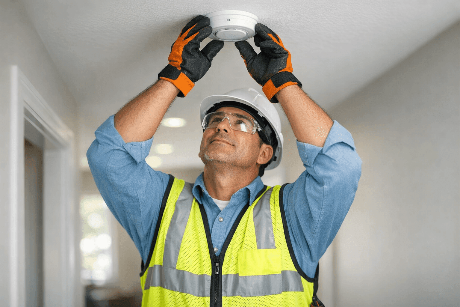 Electrician installing smoke detector on hallway ceiling