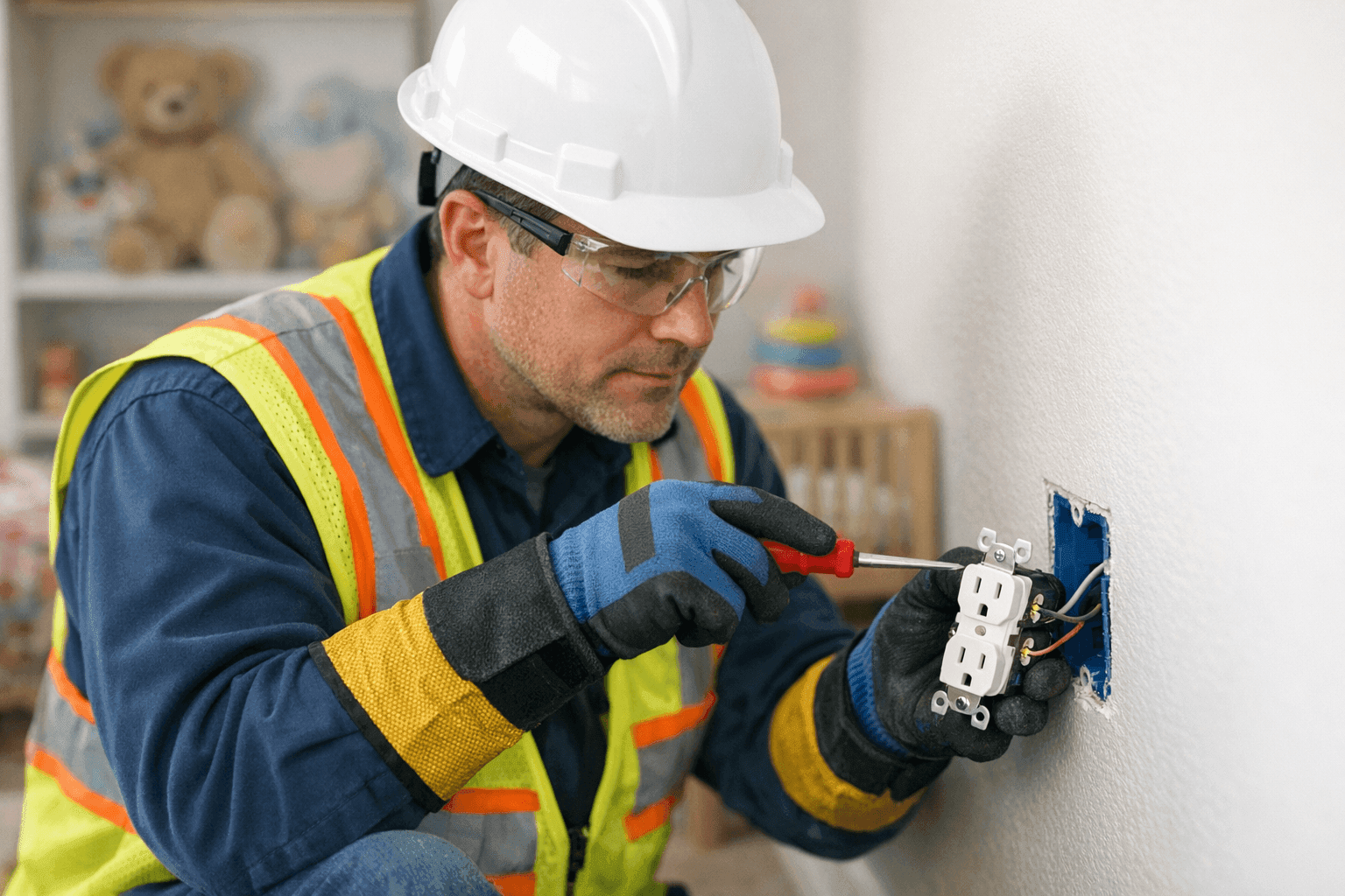 Electrician installing tamper-resistant outlet in child's room