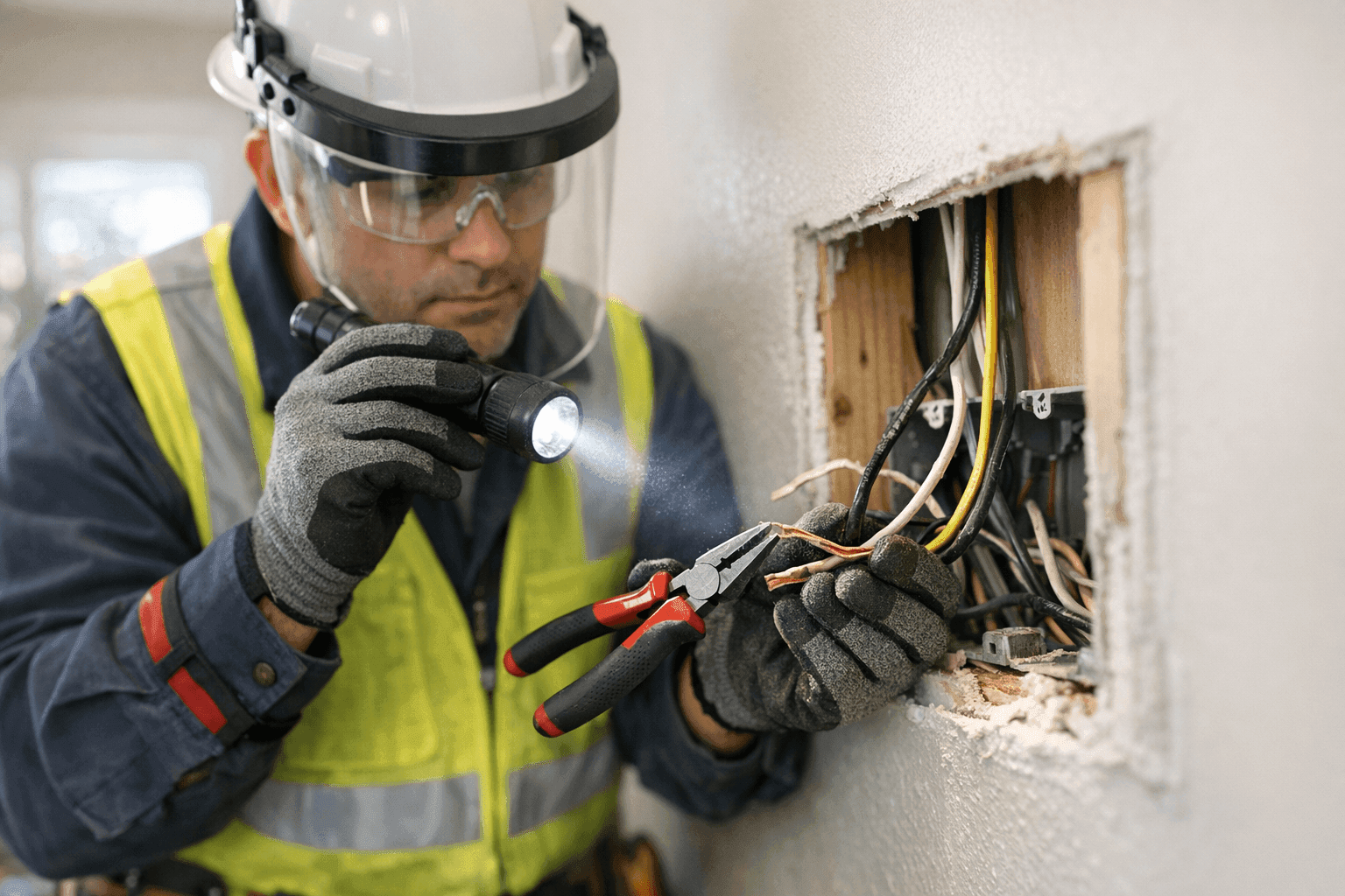Electrician inspecting home wiring for fire hazards