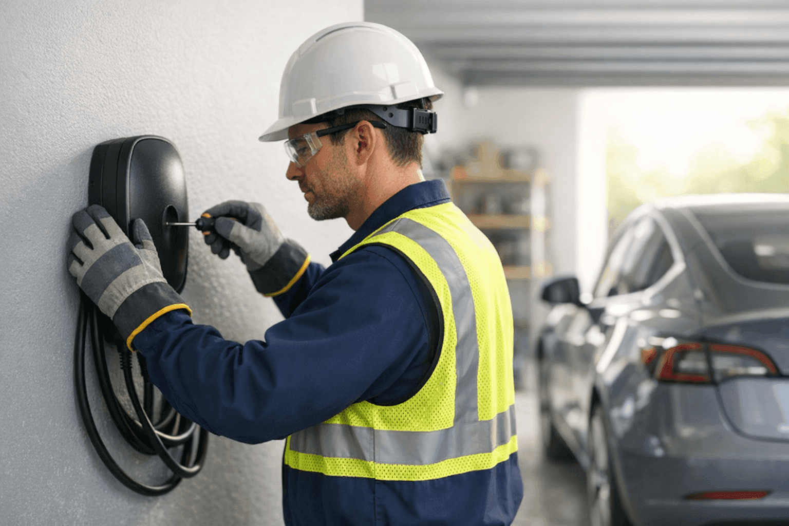 Electrician installing EV charger in home garage