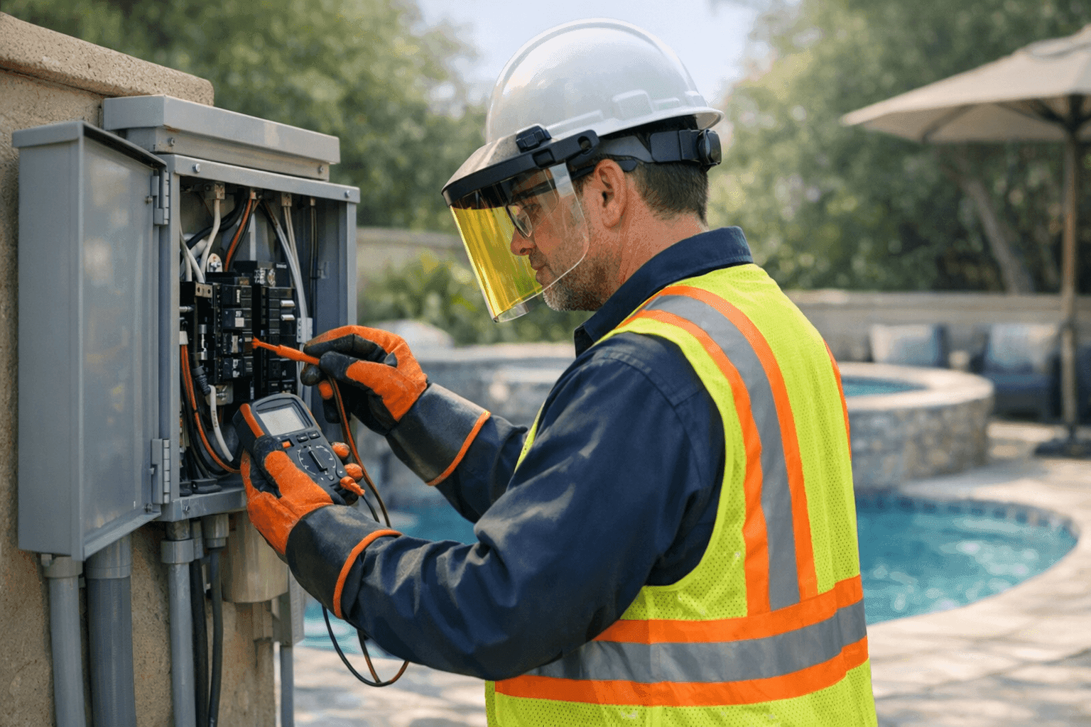 Electrician inspecting poolside electrical system for safety