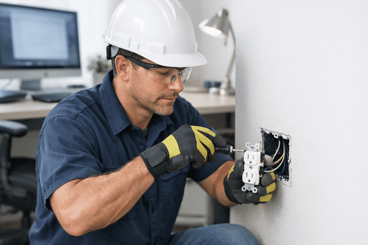 Electrician installing dedicated circuit for home office equipment