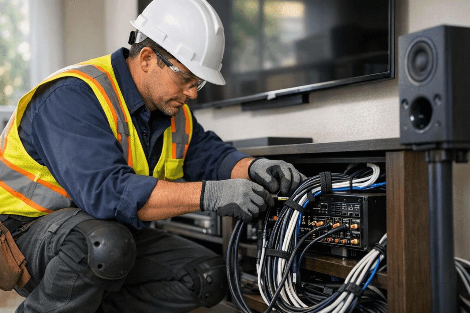 Electrician installing wiring for home theater system in living room