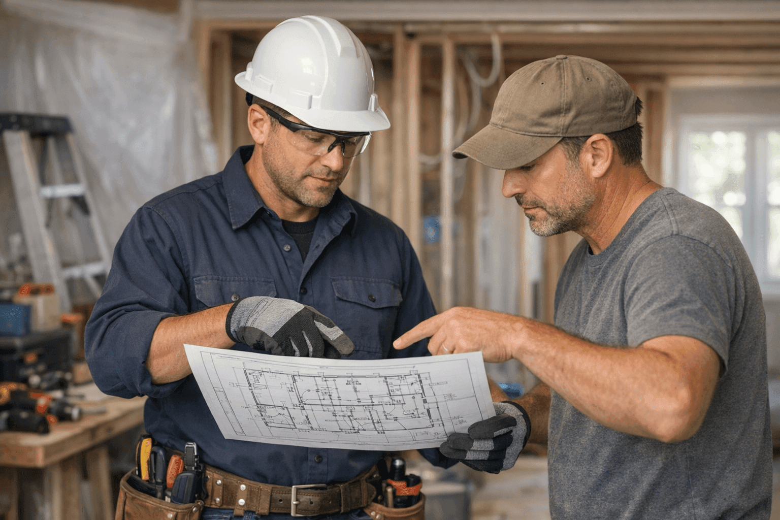 Electrician reviewing electrical plans with contractor during home renovation
