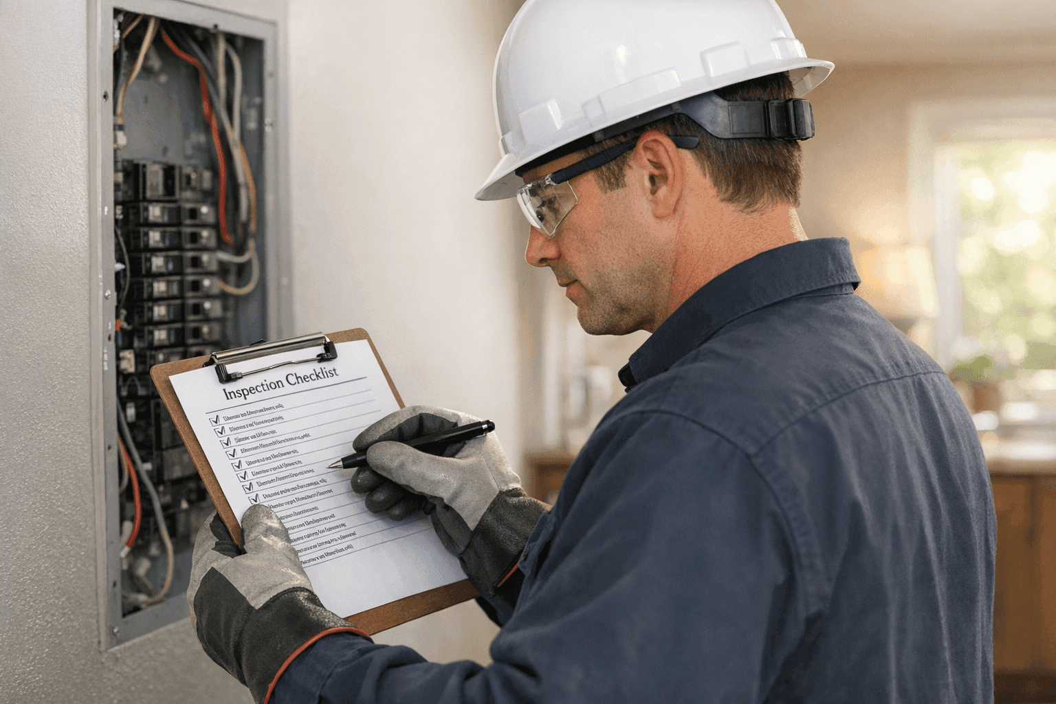Electrician reviewing inspection checklist at home electrical panel