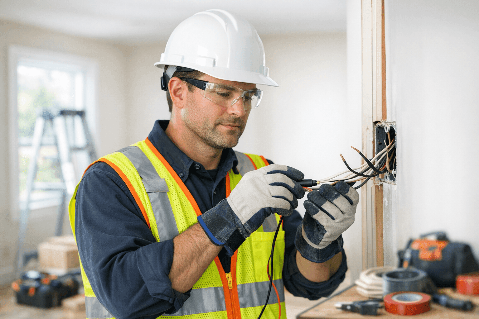 Electrician inspecting wiring during home remodeling project