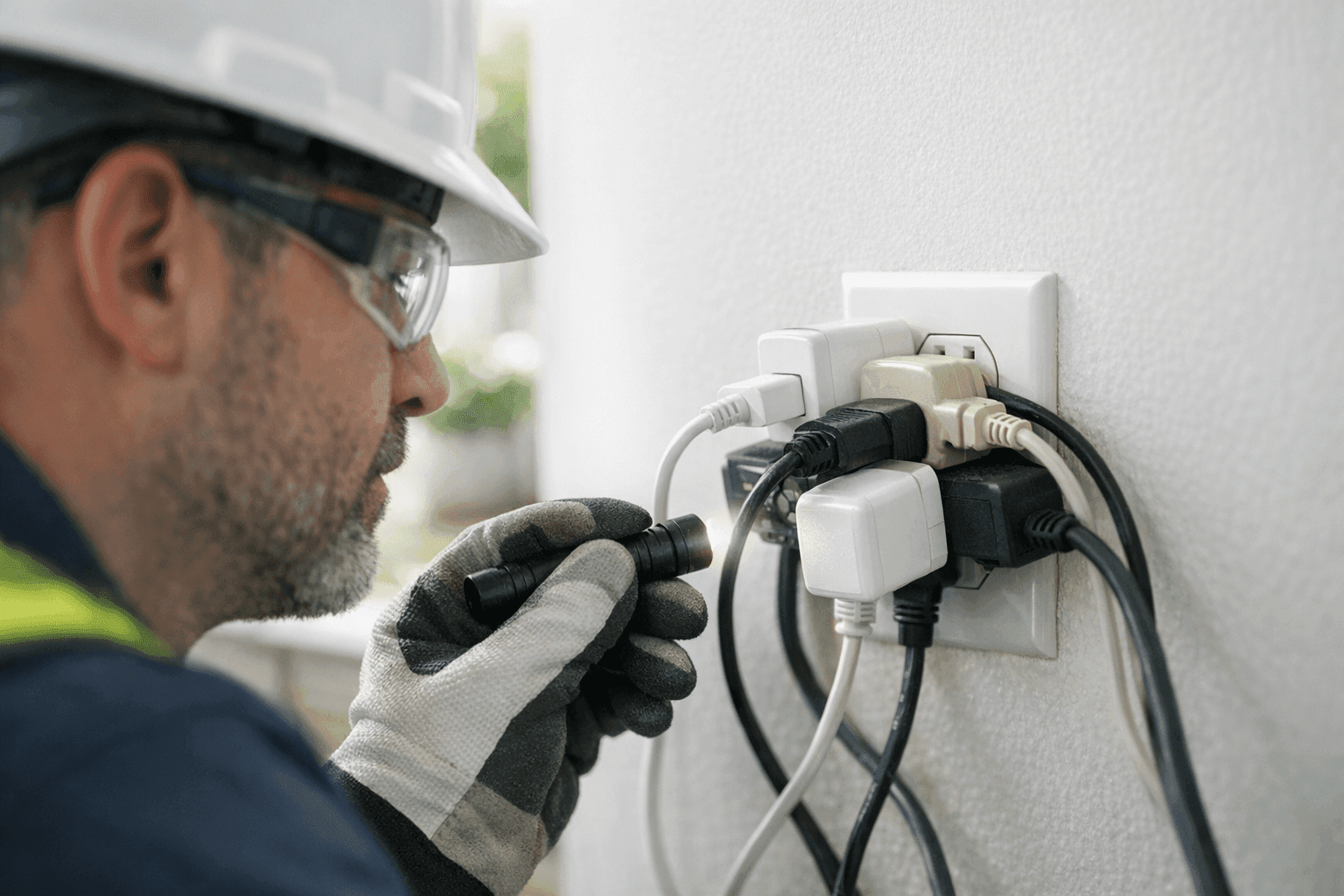 Electrician checking overloaded outlet with multiple plugs