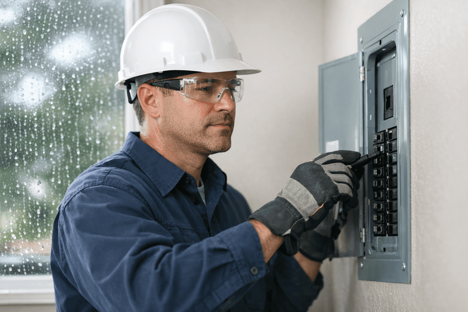 Electrician inspecting home electrical panel after storm