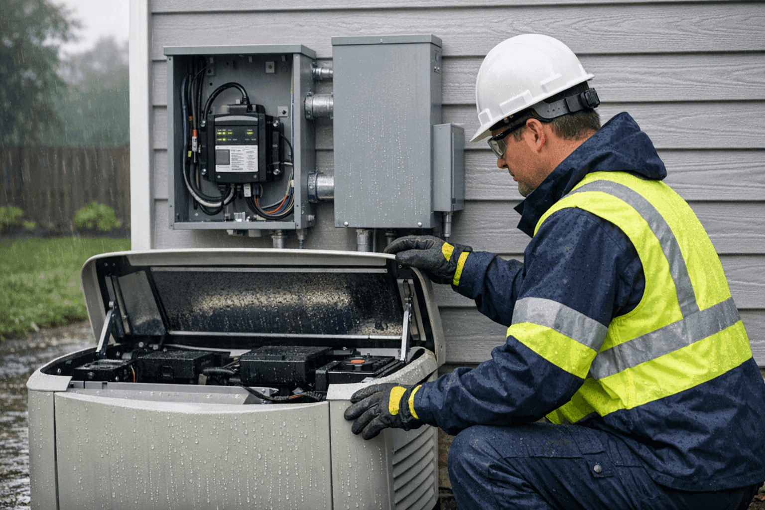Electrician inspecting surge protector after storm