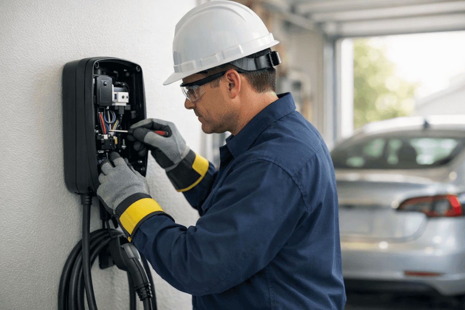 Electrician performing maintenance on home EV charger in garage