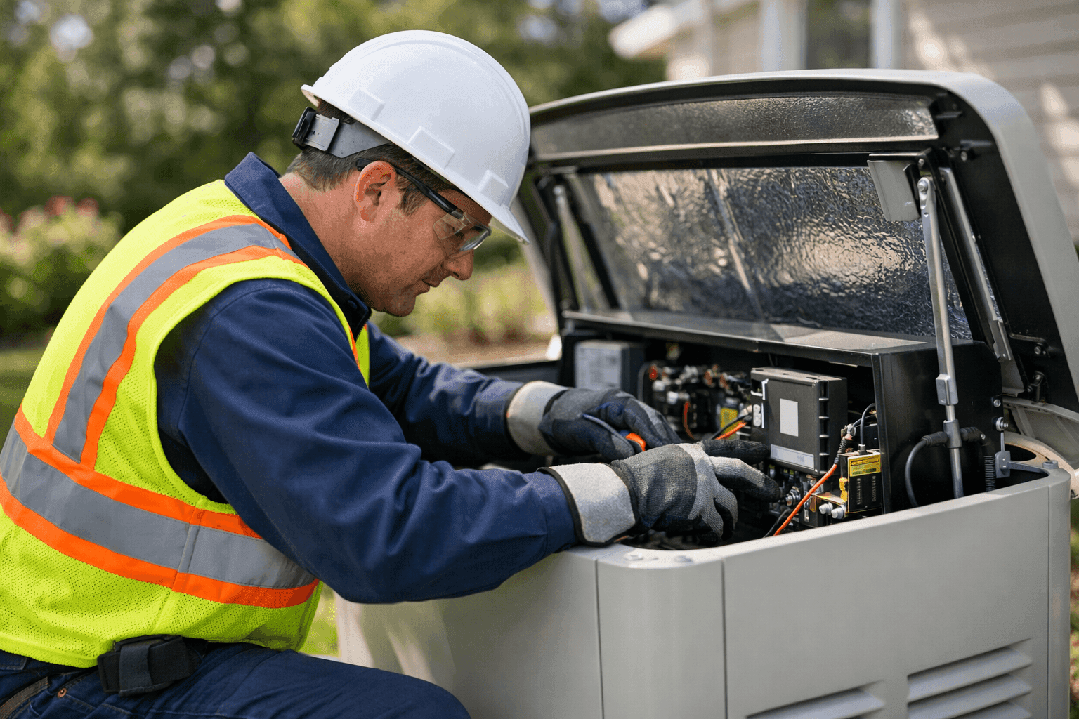 Electrician maintaining standby generator outside home
