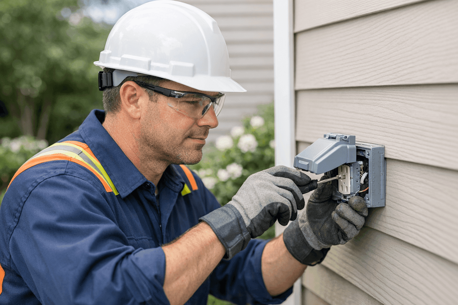 Electrician installing weatherproof outdoor outlet on home exterior