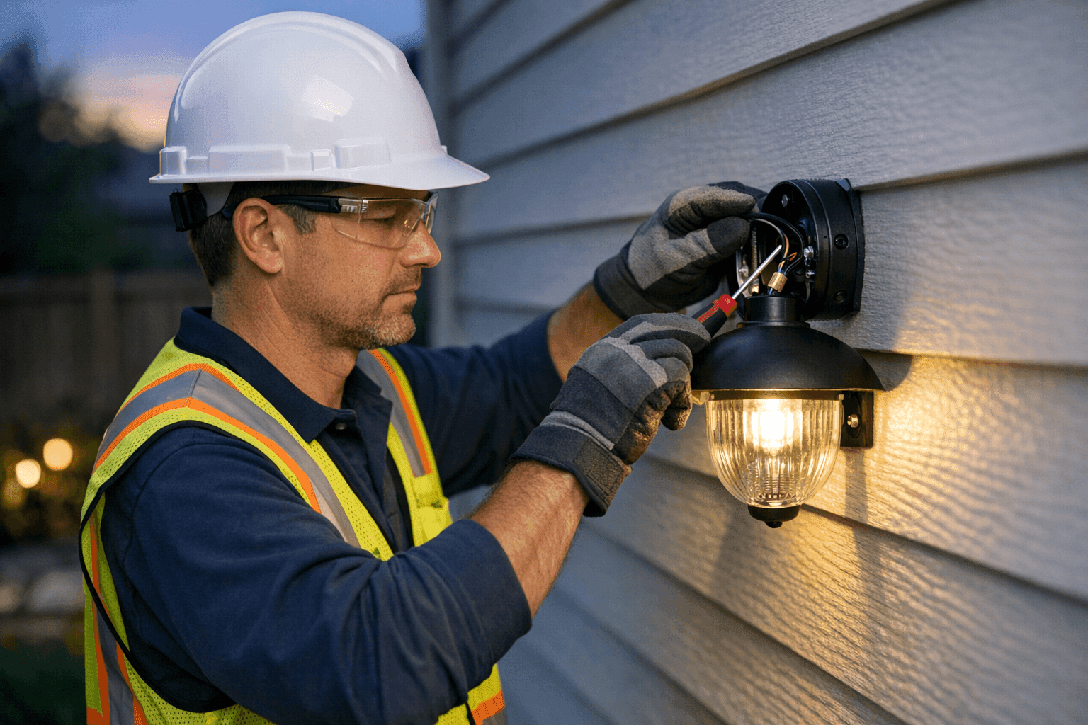 Electrician installing weatherproof outdoor lighting fixture
