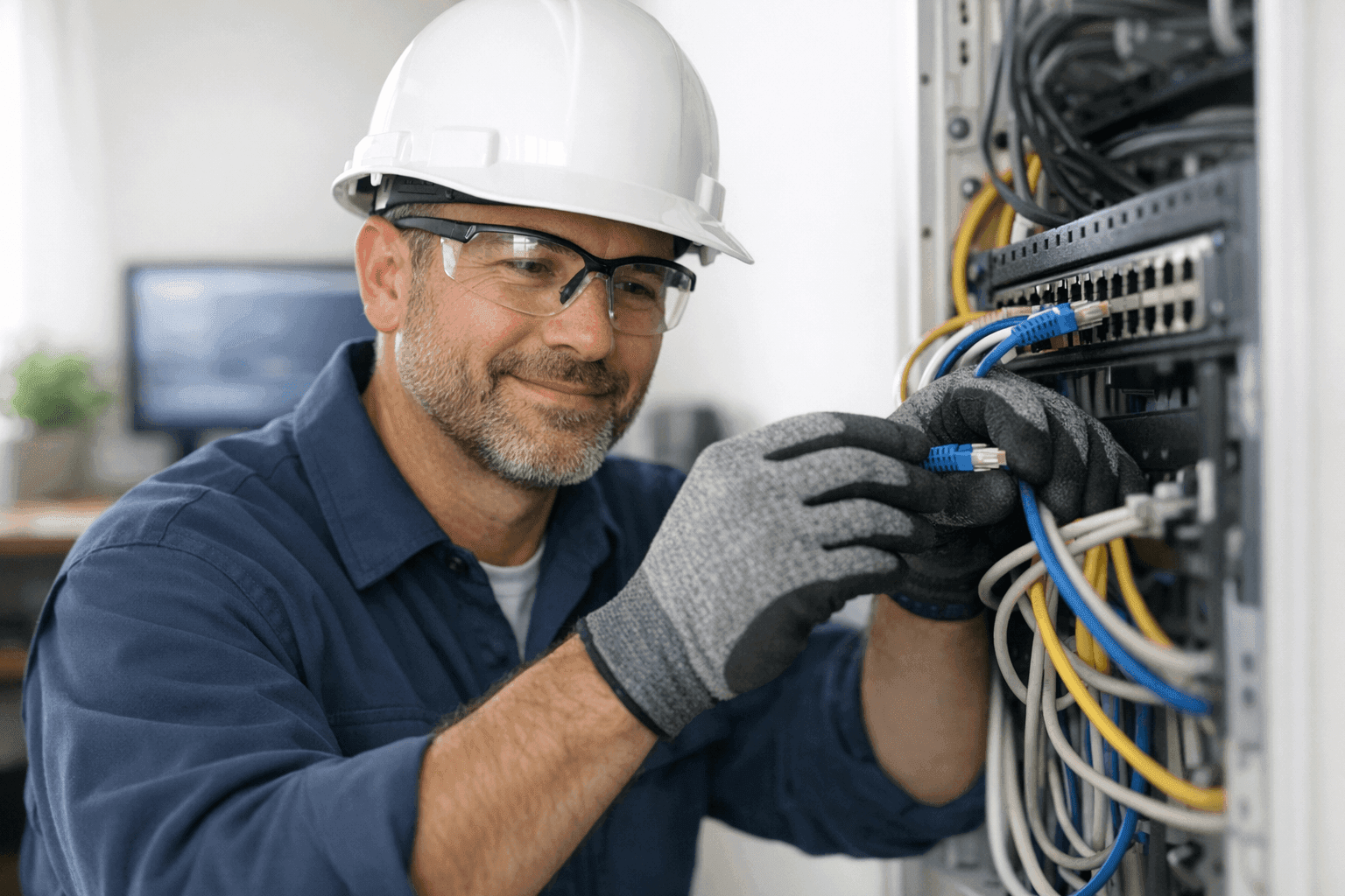Electrician maintaining data cabling in home office