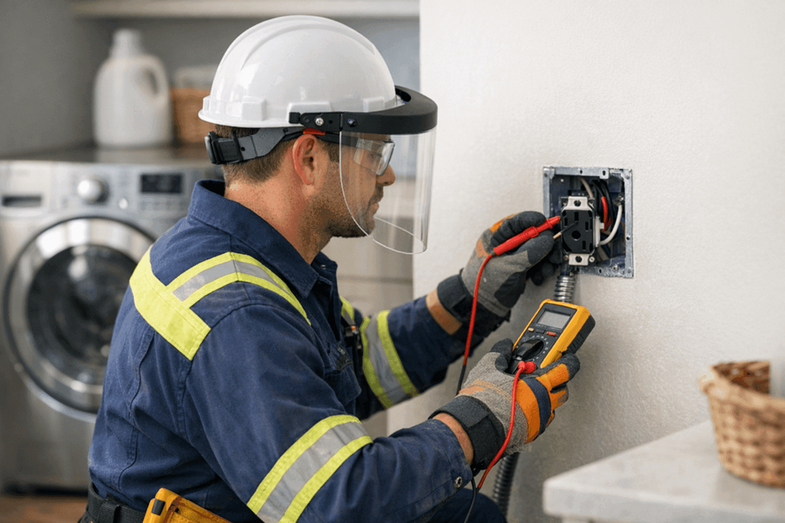 Electrician checking dedicated circuit for large appliance in laundry room