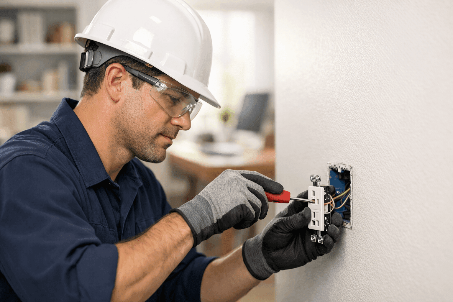 Electrician repairing faulty outlet in home office