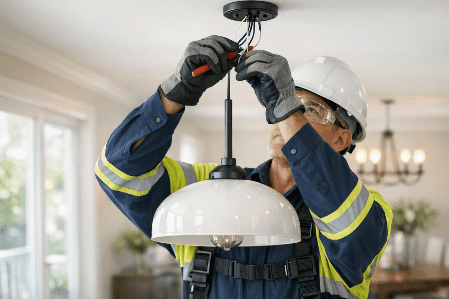 Electrician replacing light fixture in dining room