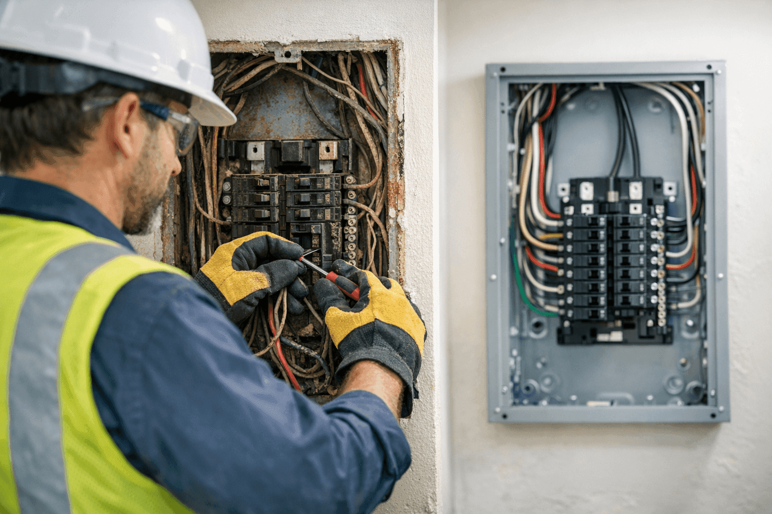 Electrician disconnecting old panel for upgrade