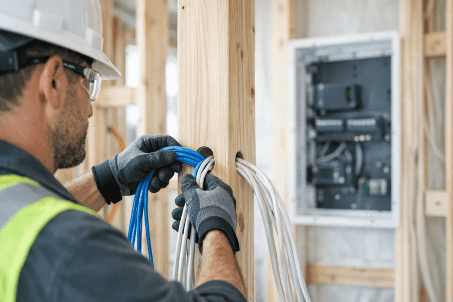 Electrician pulling structured wiring for smart home panel