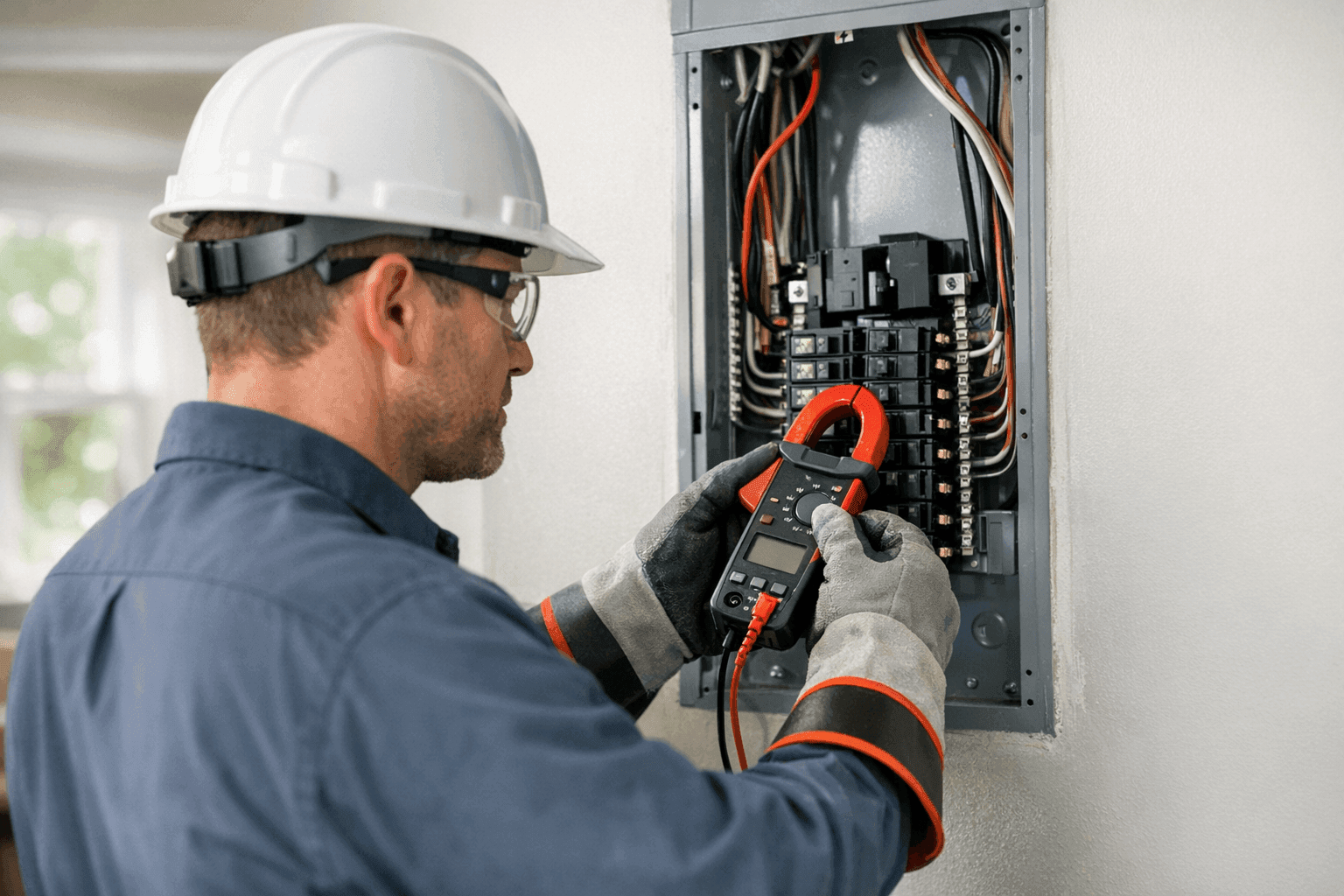 Electrician assessing overloaded home circuit panel