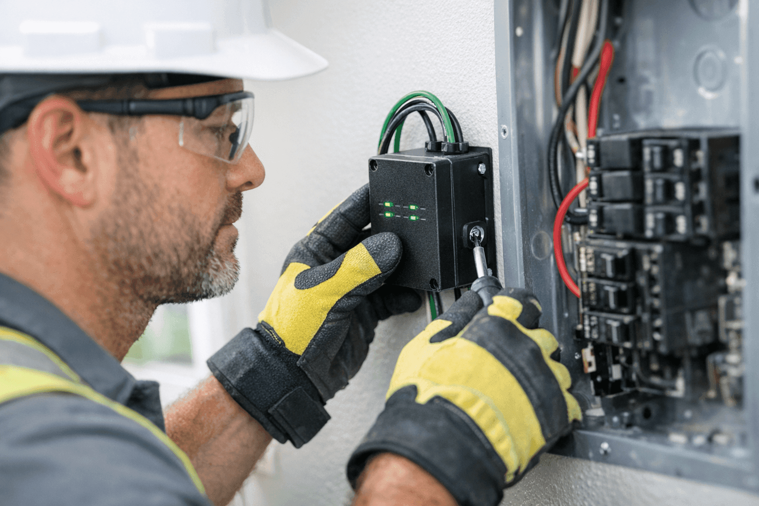 Electrician installing whole-house surge protector at panel