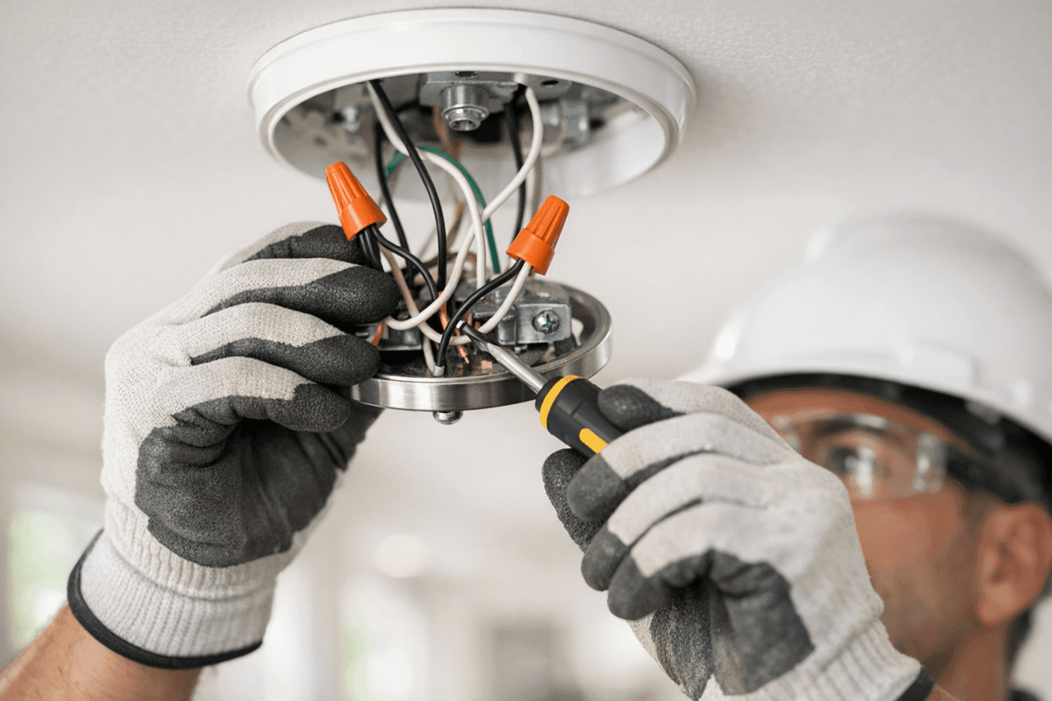 Electrician checking wiring for flickering light fixture