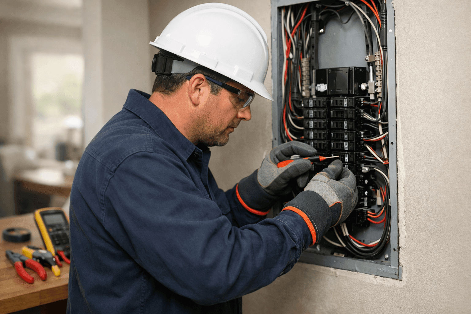Electrician repairing home circuit at electrical panel