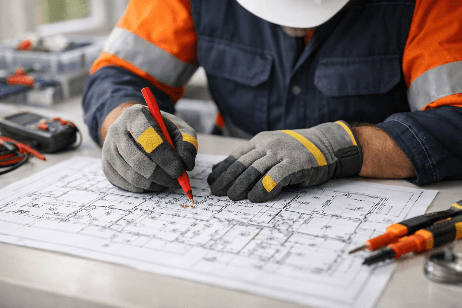 Electrician drawing electrical layout on house plans