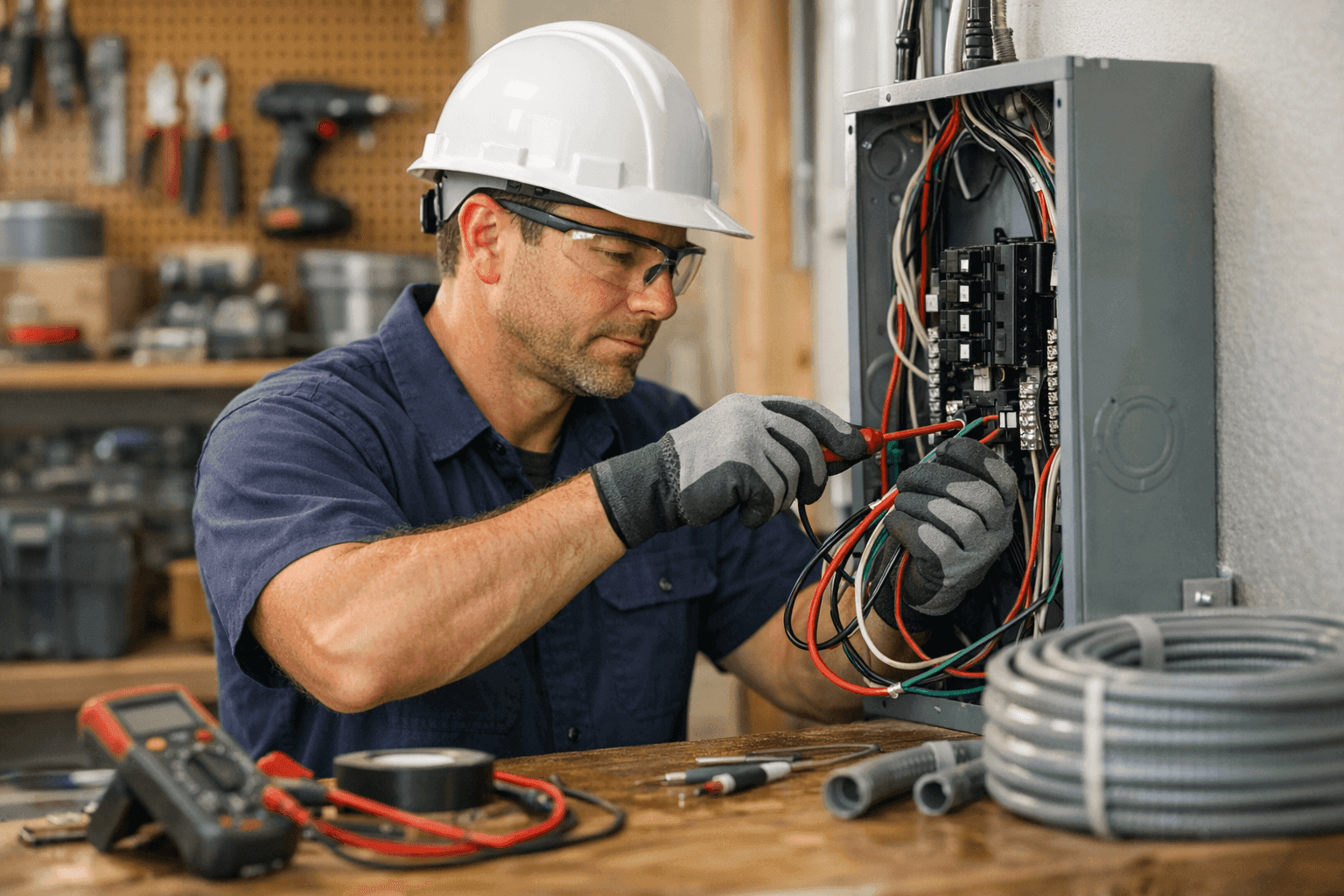 Electrician upgrading machine wiring in home workshop